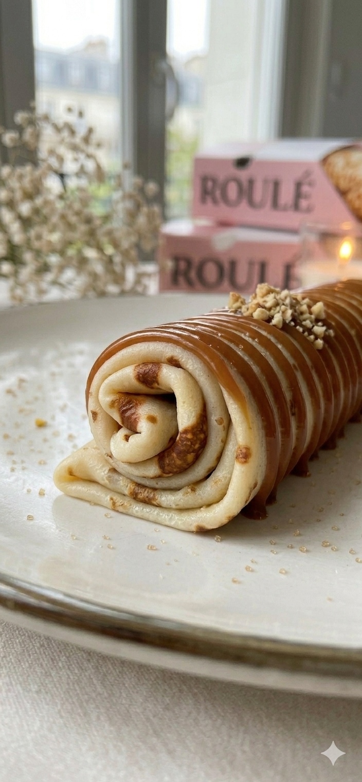 Crêpe roulée au caramel beurre salé, avec les étuis ROULÉ en arrière-plan