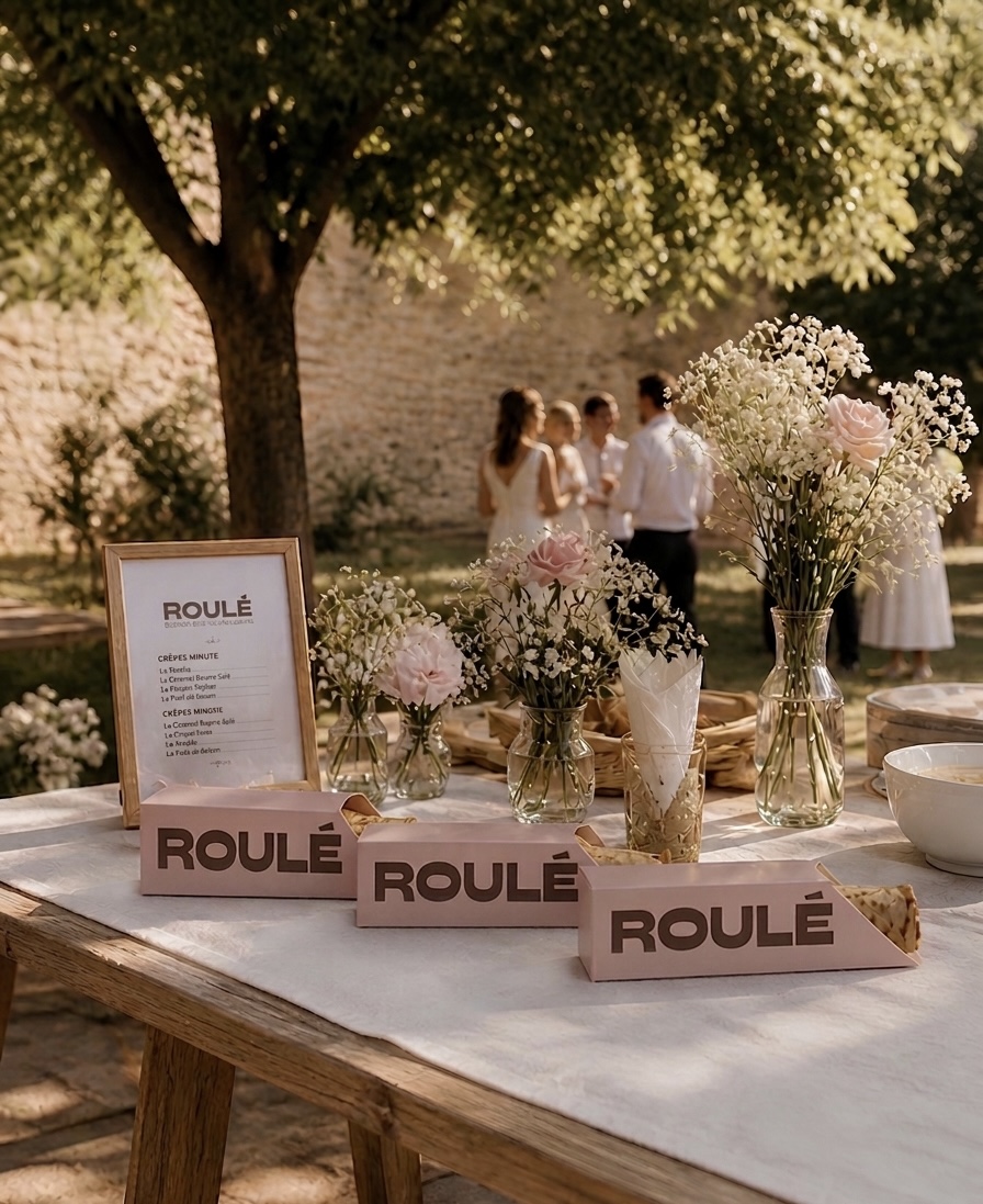 Comptoir ROULÉ installé dans un jardin pour un mariage